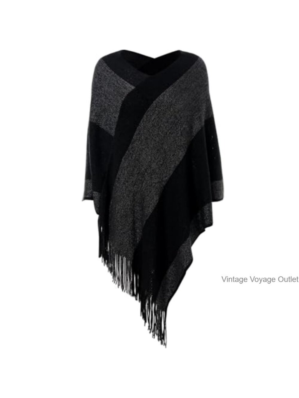 Soft Knitted Poncho Wrap with Fringe Striped Shawl